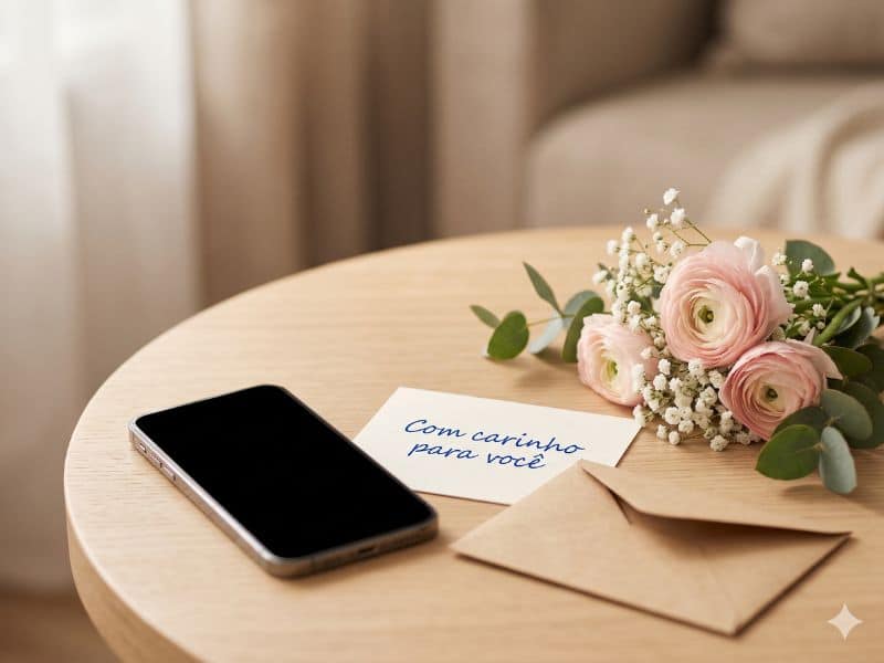 Mensagens curtas para Dia dos Namorados em cartão com flores delicadas e celular