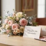 Mensagens para Dia dos Namorados com cartão escrito, buquê de flores e presente delicado