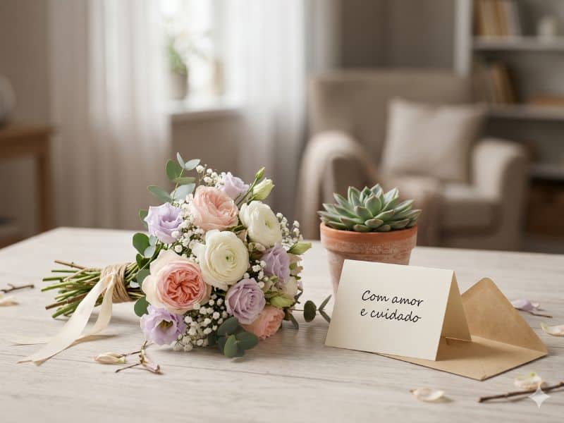Mensagens para Dia dos Namorados com flores e cuidado em cartão ao lado de buquê delicado e suculenta