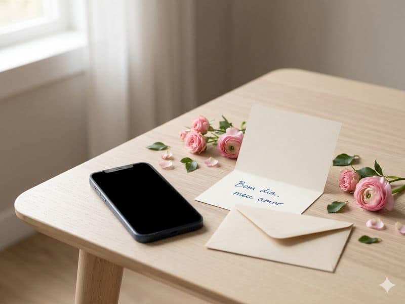 Mensagens para Dia dos Namorados no WhatsApp com celular, cartão escrito e flores delicadas