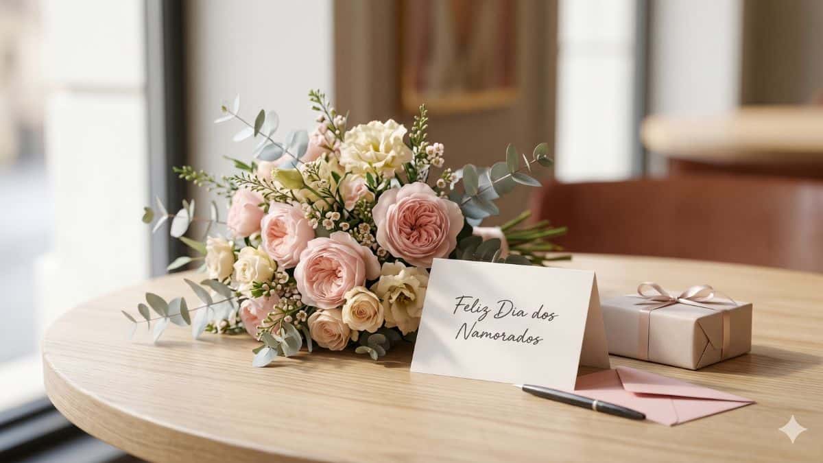 Mensagens para Dia dos Namorados com cartão escrito, buquê de flores e presente delicado