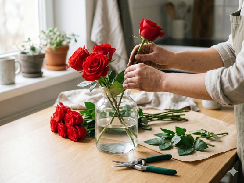 Pessoa cuidando de flores em vaso, mostrando que o significado das rosas vermelhas também pede cuidado.