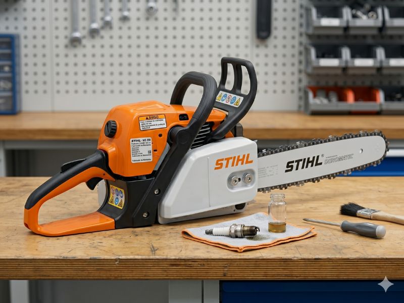 por que a motosserra Stihl fica afogada com vela e combustível sobre bancada
