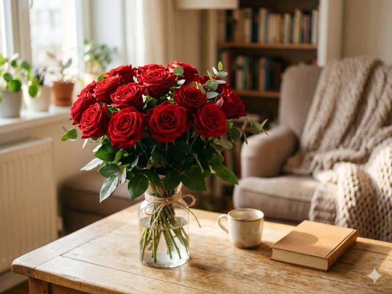 Buquê de rosas vermelhas em uma sala aconchegante, representando o significado das rosas vermelhas no Dia dos Namorados.