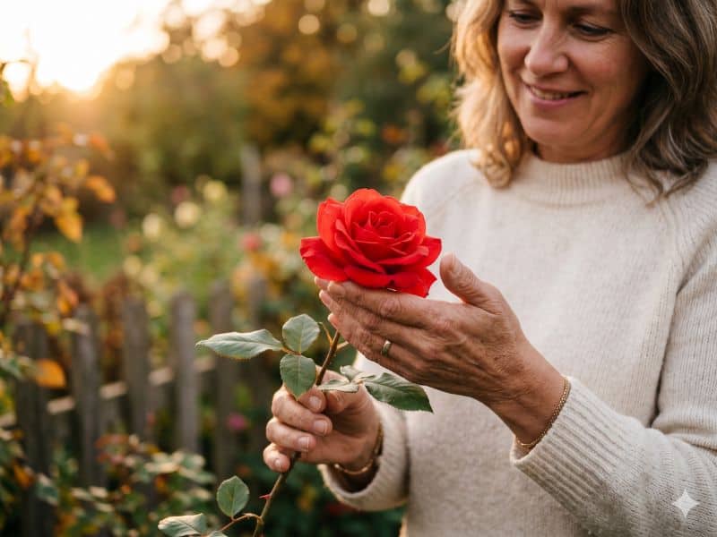 Mulher segurando uma rosa no jardim, representando o significado das rosas vermelhas para o amor da sua vida.