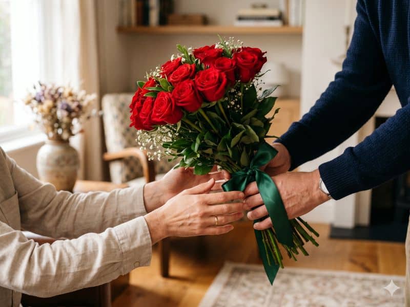 Buquê de rosas vermelhas sendo entregue, representando o significado das rosas vermelhas em um gesto de amor sem palavras.