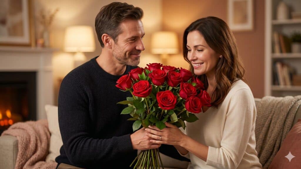 Casal trocando rosas vermelhas no Dia dos Namorados, simbolizando o significado das rosas vermelhas no amor.