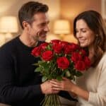 Casal trocando rosas vermelhas no Dia dos Namorados, simbolizando o significado das rosas vermelhas no amor.
