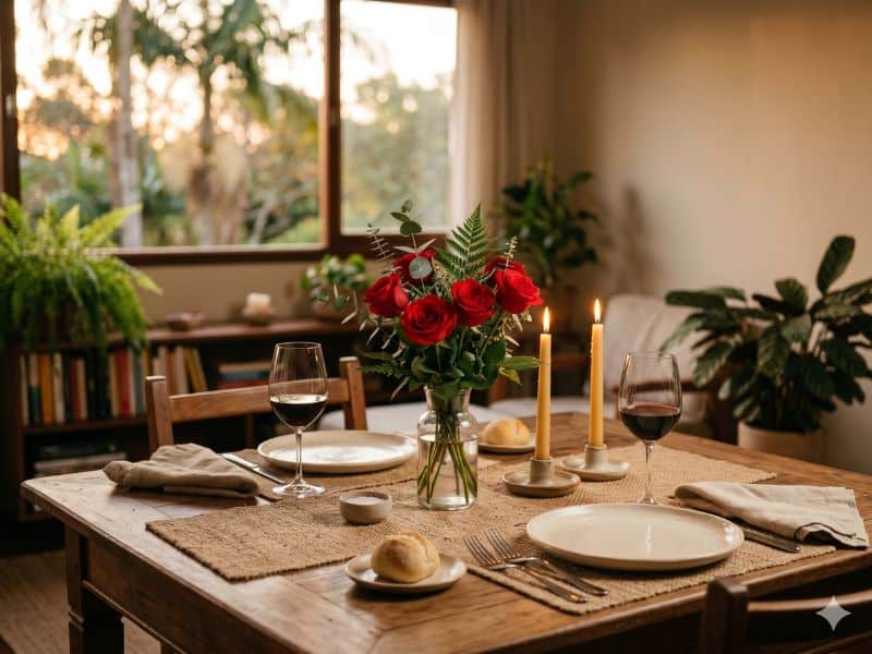 Mesa de jantar romântica com rosas vermelhas, destacando o significado das rosas vermelhas no Dia dos Namorados.