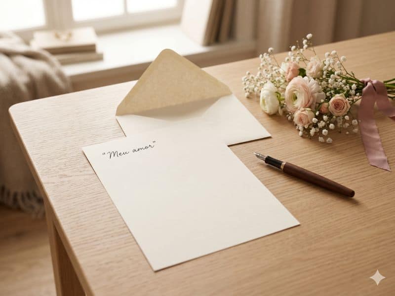 Texto, declaração e carta para Dia dos Namorados com papel, envelope e flores delicadas