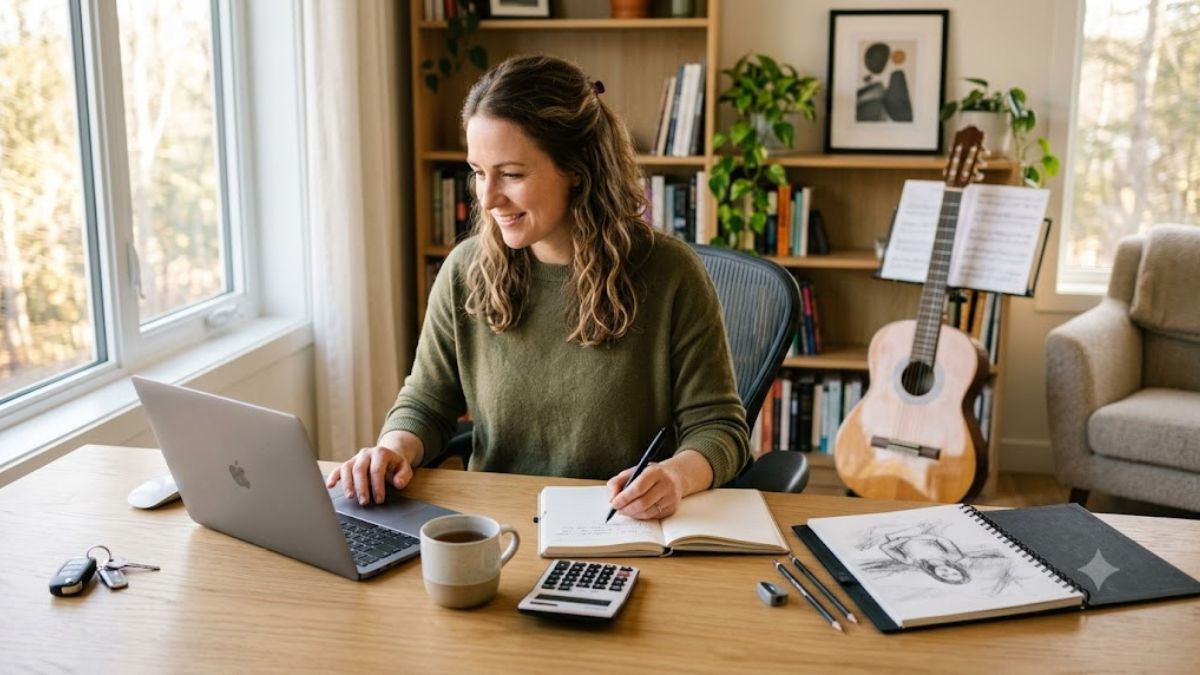 Pessoa organizando serviços do cotidiano pelo notebook com elementos de assistência veicular, investimentos, contabilidade, desenho e música.