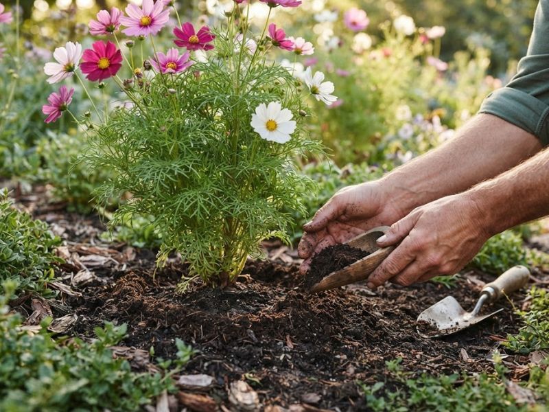 Adubação leve ao redor de uma planta cosmos saudável