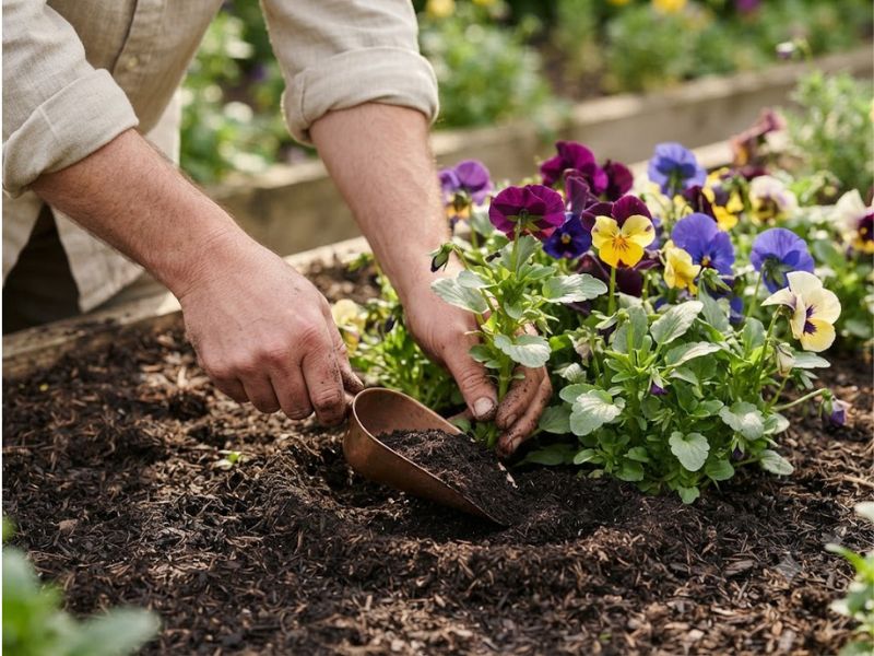 Adubação leve ao redor de flores amor-perfeito saudáveis