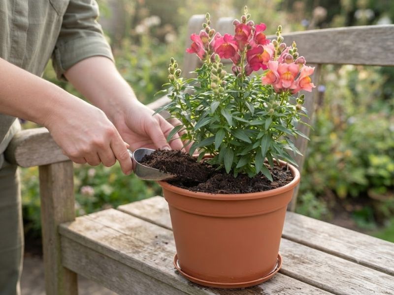 Composto orgânico aplicado ao redor da flor boca-de-leão