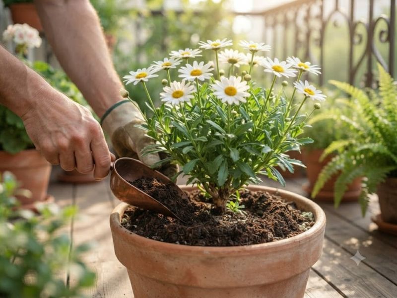 Adubação da flor margarida com húmus de minhoca em vaso