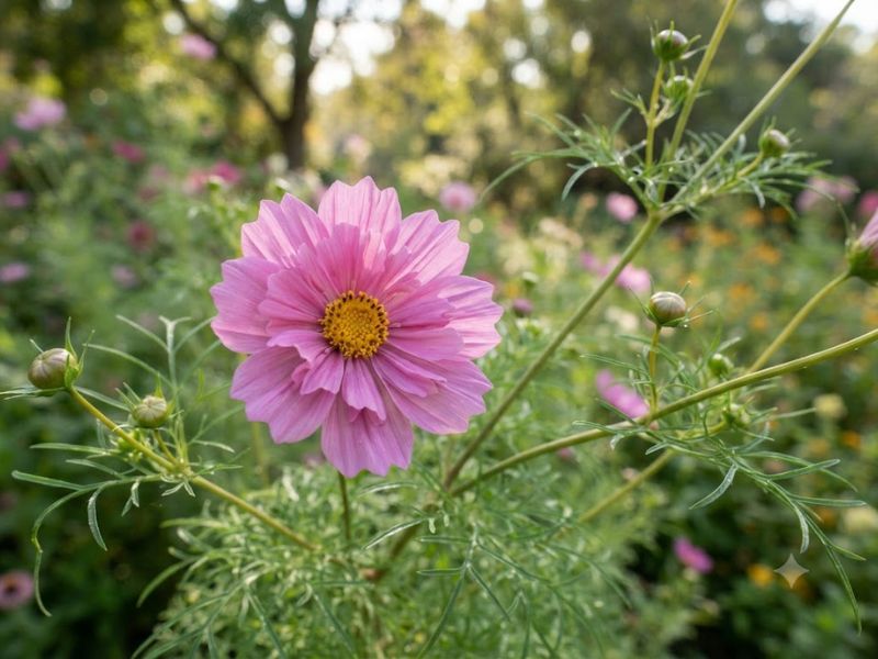 Flor cosmos rosa com pétalas abertas, centro amarelo e folhagem recortada
