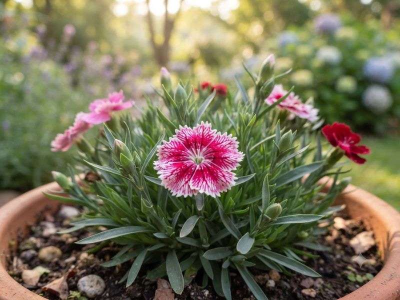 Flor cravina compacta com pétalas recortadas e folhas estreitas