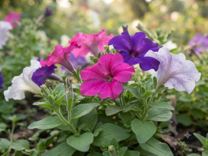 Flor petúnia com pétalas em formato de trombeta e folhas verdes