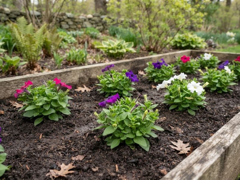 Flor petúnia saudável com folhas verdes, botões e crescimento compacto no viveiro