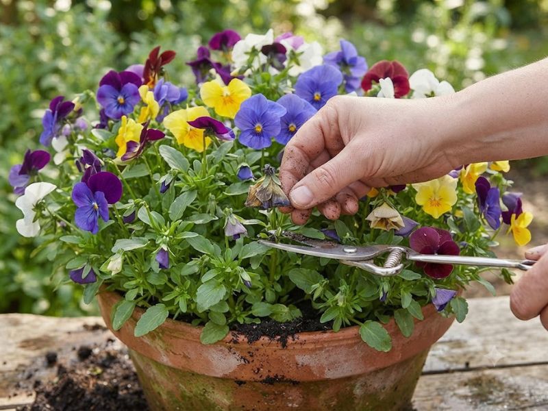 Retirada de flor murcha para estimular novos botões no amor-perfeito