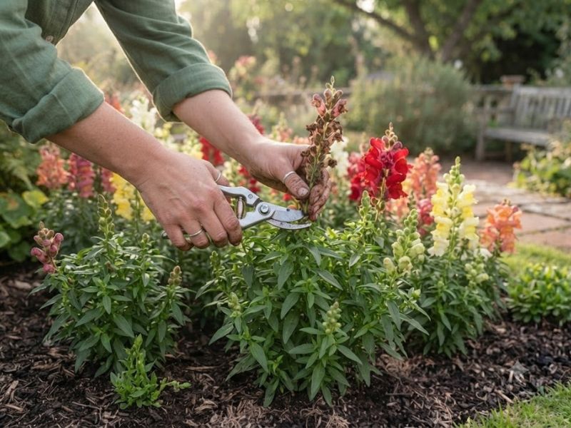 Flores secas sendo retiradas da flor boca-de-leão com tesoura limpa