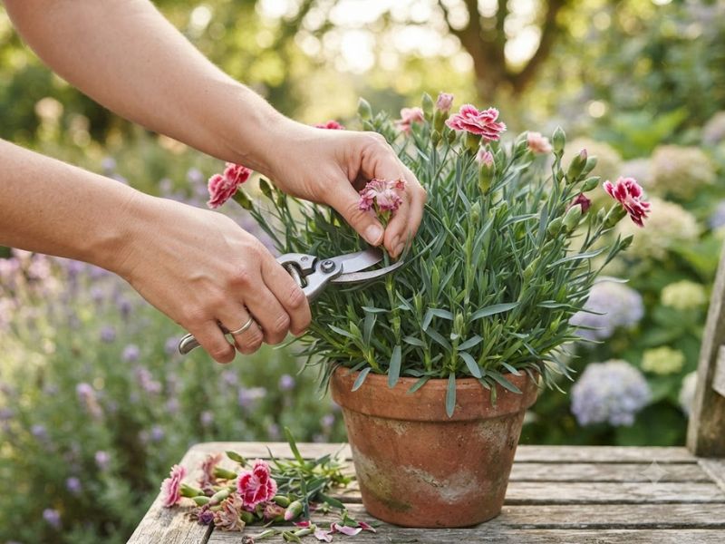 Flores secas sendo retiradas da flor cravina com uma tesoura limpa