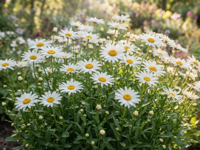 Touceira de flor margarida em plena floração no jardim