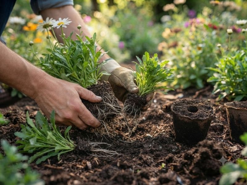 Divisão de touceira para fazer mudas de flor margarida