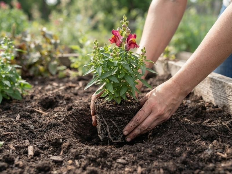 Muda de flor boca-de-leão sendo plantada em canteiro preparado