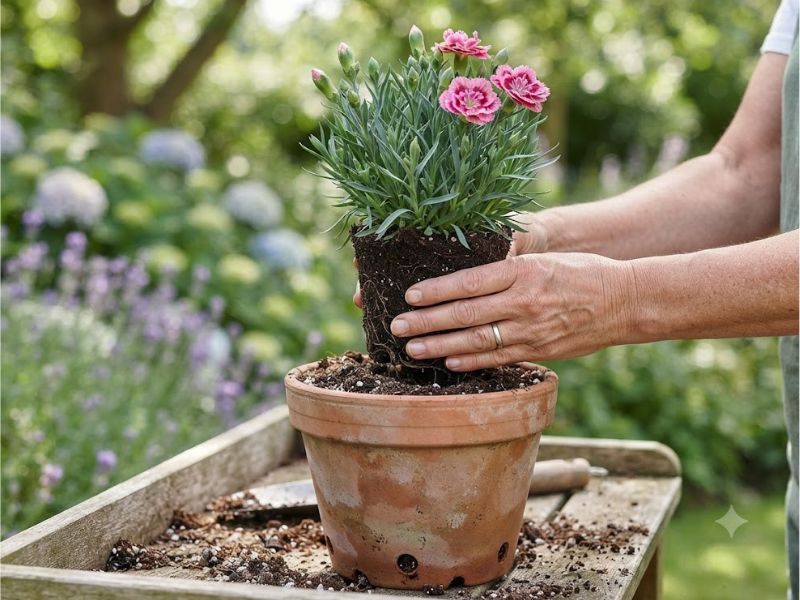Muda de flor cravina sendo transplantada para um vaso