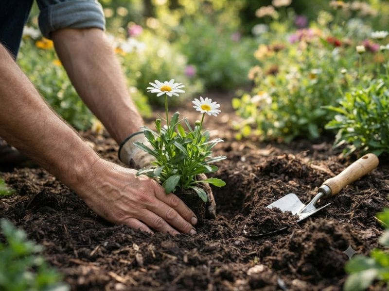 Muda de flor margarida sendo plantada em canteiro de jardim