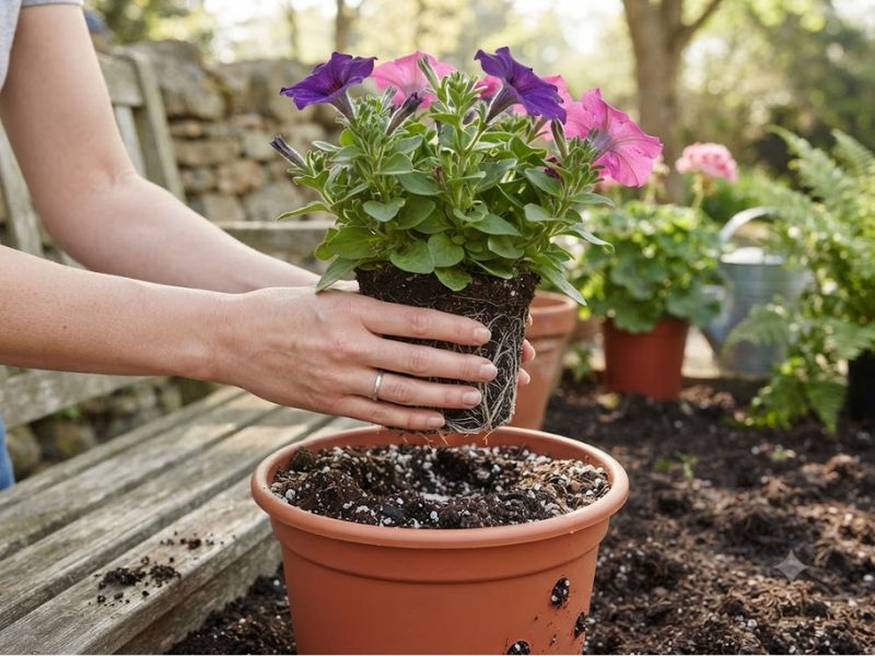 Muda de flor petúnia sendo transplantada para um vaso maior