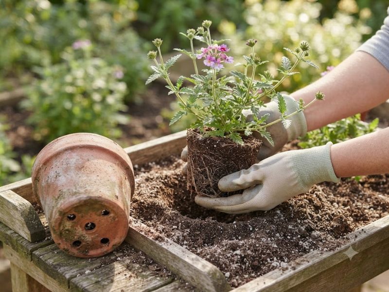 Muda de flor verbena sendo transplantada para um vaso