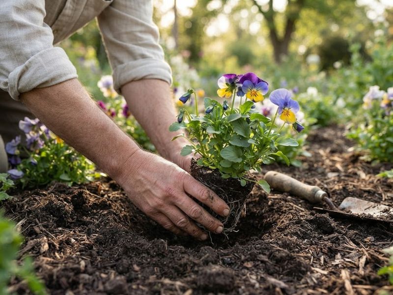 Muda de flor amor-perfeito sendo plantada com o torrão preservado