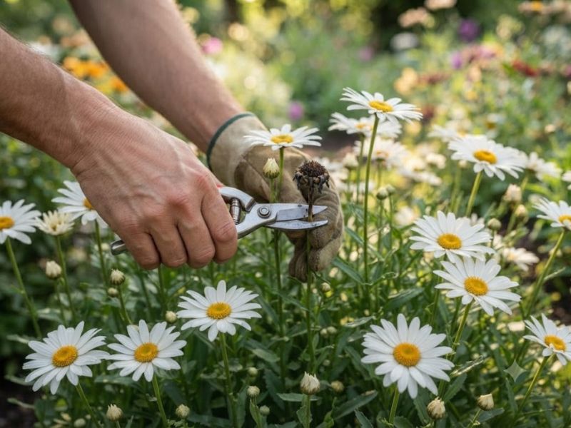 Poda de flor margarida seca com tesoura de jardinagem