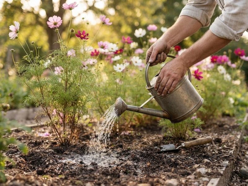 Rega da flor cosmos direcionada ao solo com um jato suave