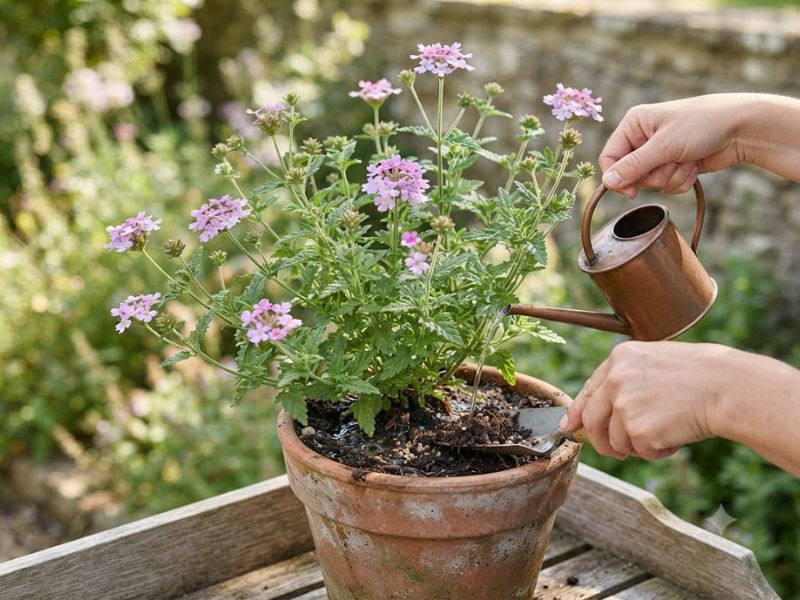 Flor verbena sendo regada e adubada diretamente no substrato