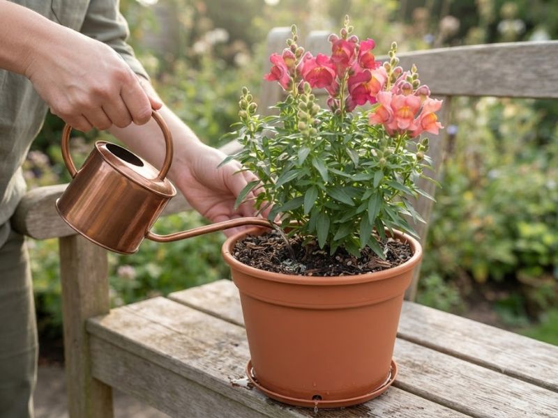 Flor boca-de-leão sendo regada diretamente na base da planta