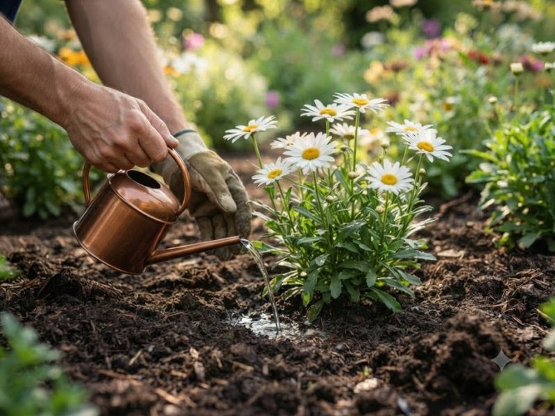 Rega da flor margarida sendo feita diretamente no solo