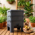 Composteira doméstica na varanda com vasos de plantas, cascas de alimentos e folhas secas ao lado