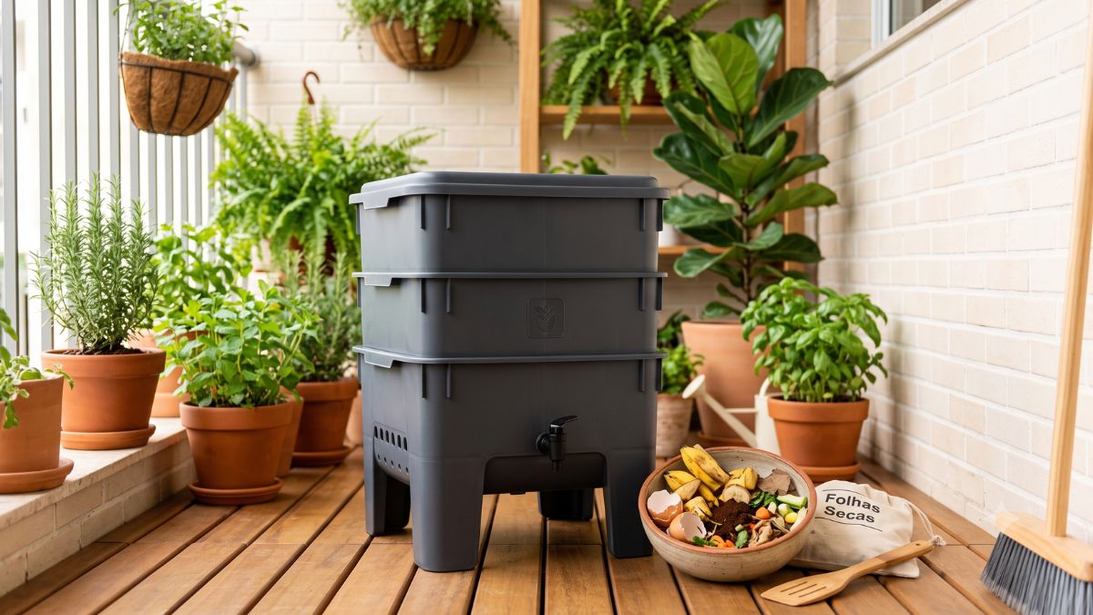 Composteira doméstica na varanda com vasos de plantas, cascas de alimentos e folhas secas ao lado