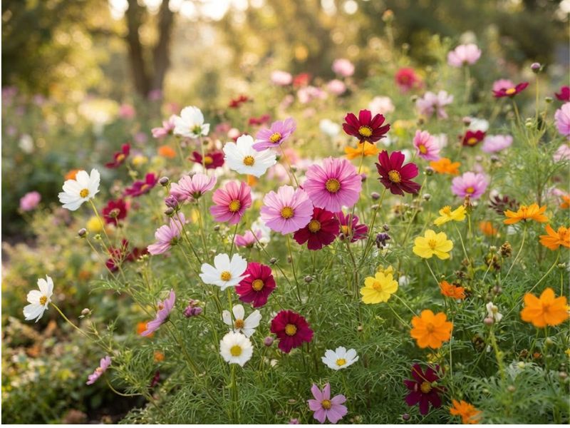 Flores cosmos brancas, rosas, vermelhas, amarelas e alaranjadas no jardim