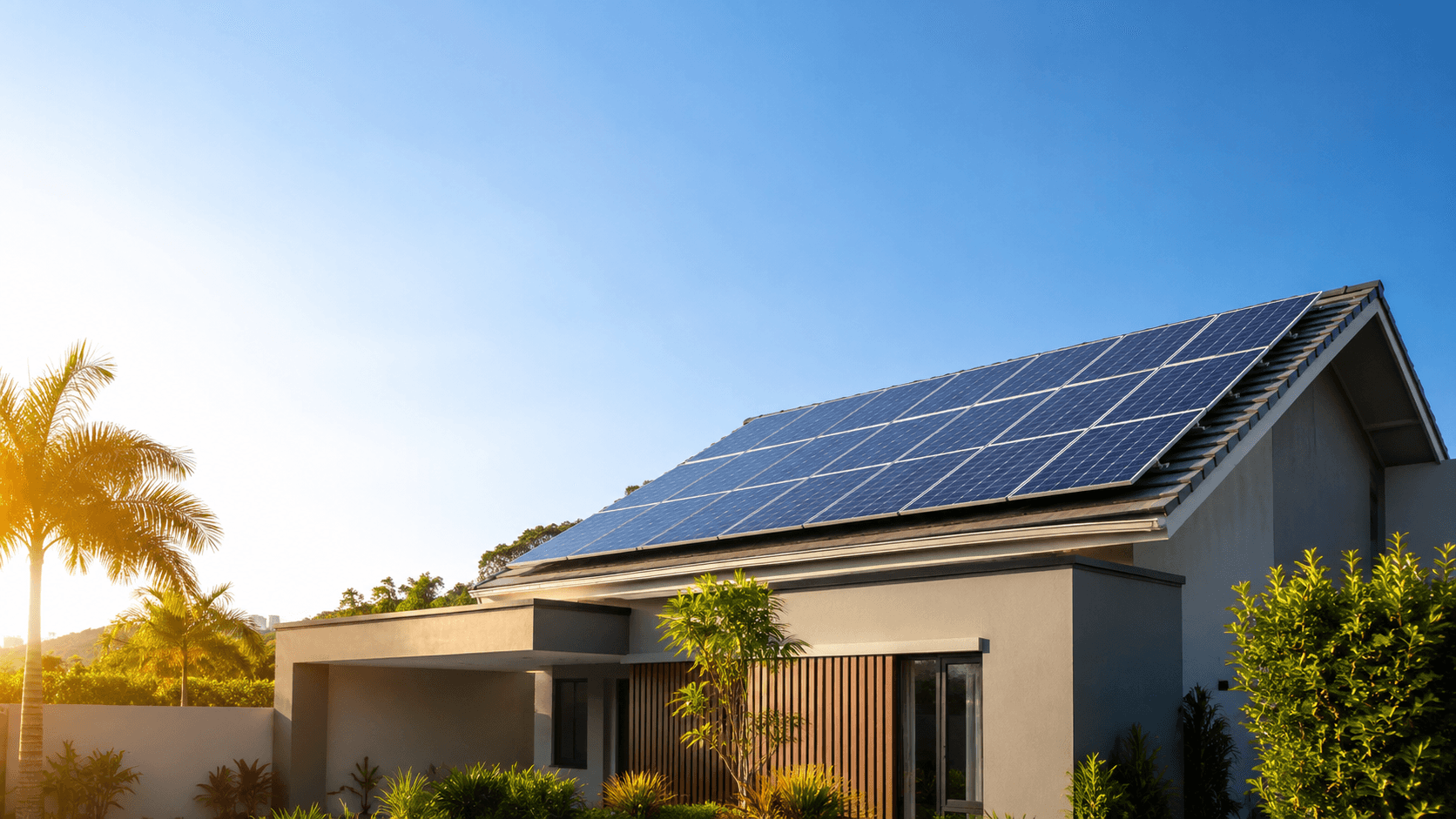 Casa moderna com painéis de energia solar instalados no telhado