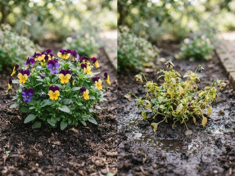 Comparação entre amor-perfeito saudável e planta com cultivo inadequado