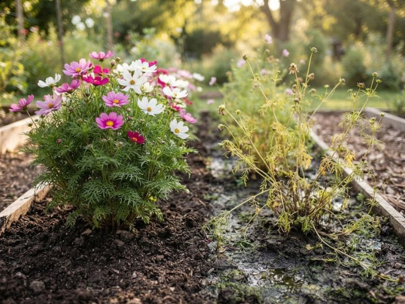 Comparação entre cosmos saudável e planta com poucas flores e hastes alongadas