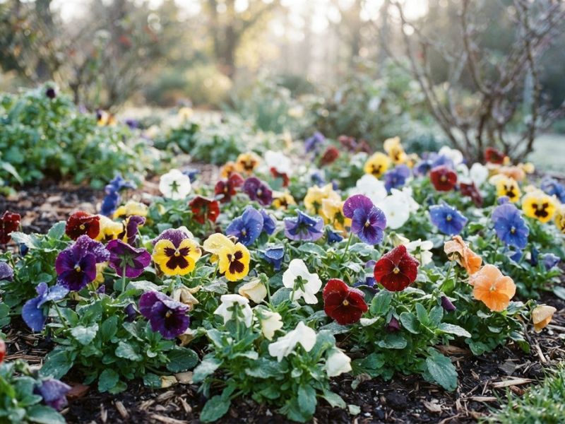 Flor amor-perfeito saudável cultivada durante uma manhã fria de inverno