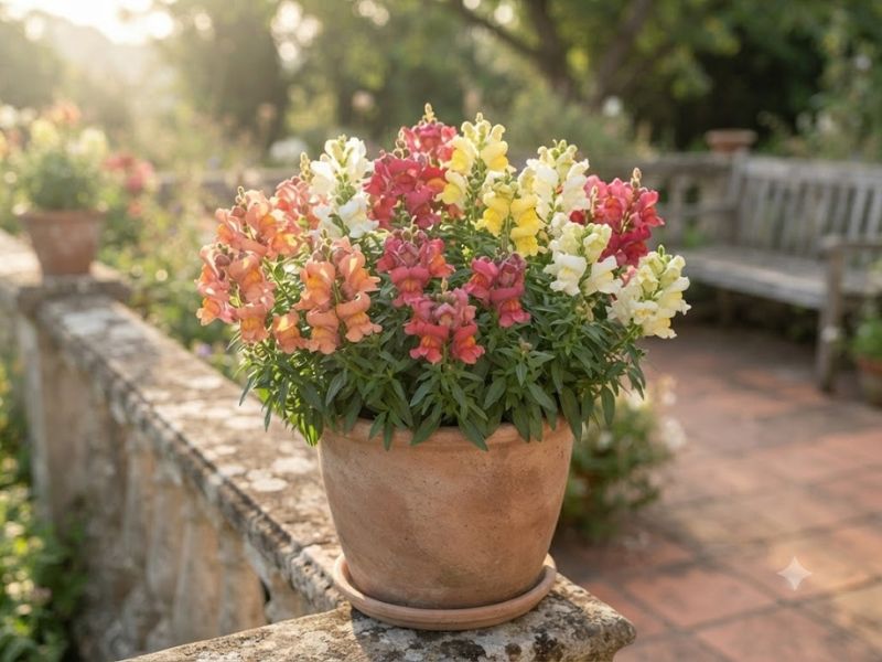 Flor boca-de-leão compacta cultivada em vaso de cerâmica