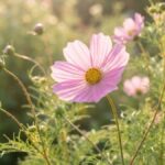 Flor cosmos rosa em close lateral com centro amarelo e luz suave da manhã