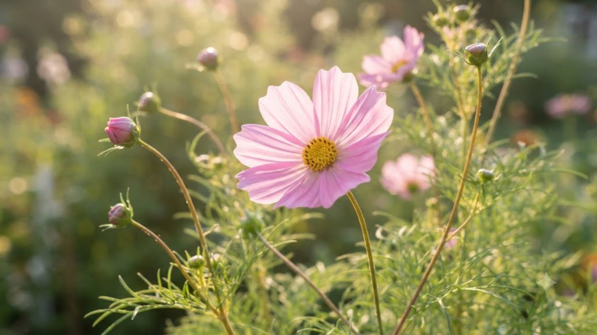 Flor cosmos rosa em close lateral com centro amarelo e luz suave da manhã