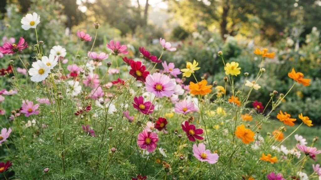 Flor cosmos em diferentes cores cultivada em um jardim ensolarado